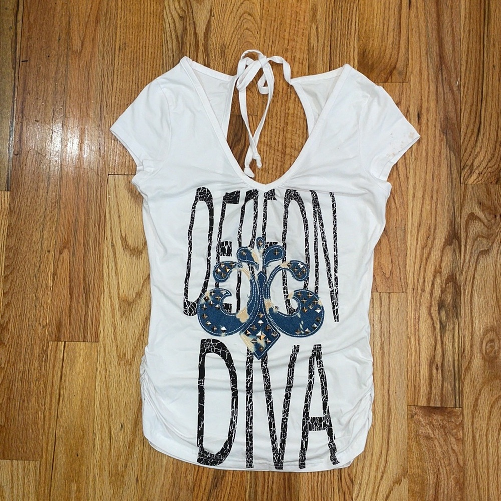 NEW Dereon DIVA LOGO Y2K 00'S Open back Logo Tee Shirt L